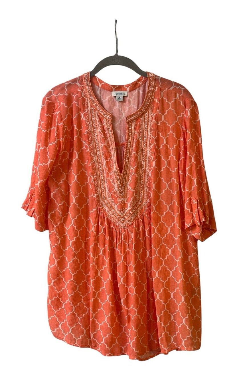 Sundance tunic style blouse melon color with embroidered accents sz Medium